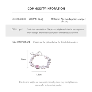 Detail view of pink zircon and pearl beaded bracelet with precise size measurements