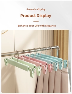 Detail showing adjustable clips on matte plastic hangers in pastel green pink and blue
