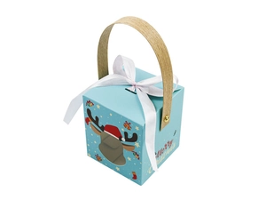 Close-up of light blue Christmas gift box with reindeer print and white satin bow