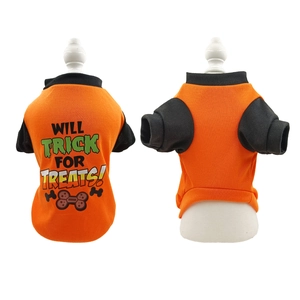 Detail of orange Halloween dog t-shirt with Will Trick for Treats text on back