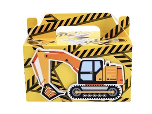 Detailed view of yellow construction excavator party favor box with handle for kids