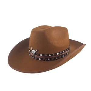 Close-up of brown felt cowboy hat featuring metallic bullhead decor and built-in LED lights
