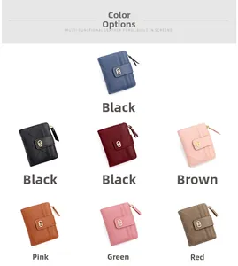Flat lay display of quilted short wallets for women in seven various leather colors
