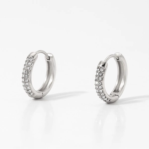Close-up of vintage silver stainless steel hoop earrings with double-row crystal pave
