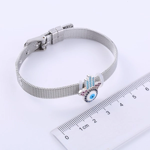 Silver stainless steel mesh bracelet with Evil Eye and Hamsa charm for women