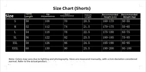 Detailed size chart for men's shorts showing waist and hip measurements in S-3XL