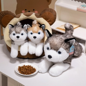 Husky plush dog toys with bear-shaped pet bed in a cozy home setting, high-quality fur detail