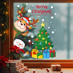 Christmas Window Stickers Static Cling PVC Santa Claus Reindeer Snowman Snowflake Decals For Glass Door Festive Decor