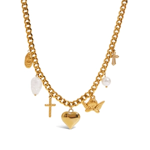 18K gold plated stainless steel necklace with pearl heart and crystal cross charms