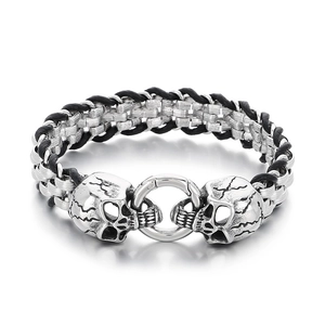 Bracelet punk tête de mort pour homme en cuir tressé noir et chaîne à maillons argent