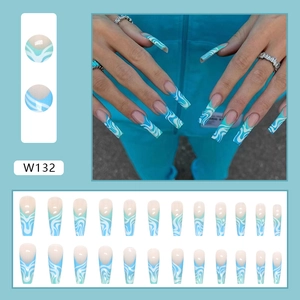 Detailed view of long square press on nails with blue and white marble wave patterns