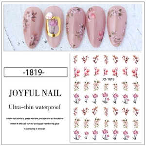 Detail of JO-1819 ultra-thin waterproof nail stickers with pink flowers and gold shapes