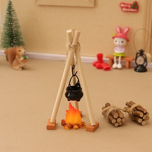 Miniature dollhouse campfire set with wooden tripod black hanging pot and resin flame