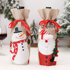 Christmas Wine Bottle Covers Burlap Linen Embroidered Santa Claus Snowman Drawstring Bags Holiday Dinner Table Decor