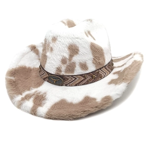 Plush Cow Print Cowboy Hat Faux Fur Warm Winter Wide Brim With Braided Band Bull Head Metal Rivets Western Style