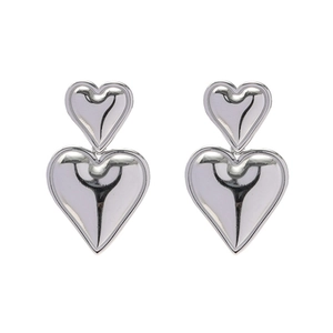 Polished silver stainless steel heart earrings with double layered dangles