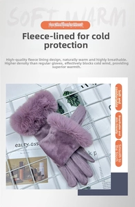 Detail of purple thermal gloves with thick faux fur cuffs and warm fleece lining