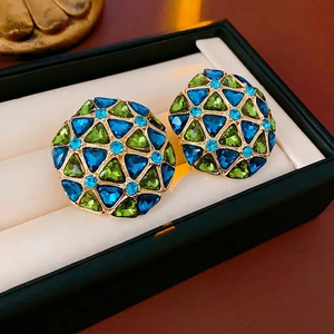 Vintage geometric earrings with blue and green crystals in a gold-tone mosaic dome design