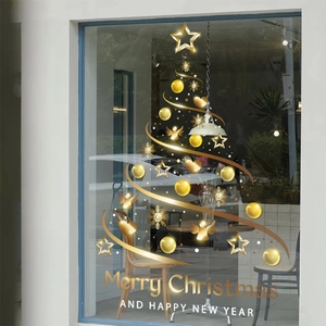 Golden abstract Christmas tree window sticker with Merry Christmas text for glass decor