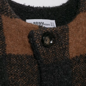 Vintage brown plaid knit cardigan with large check pattern and textured bouclé wool blend