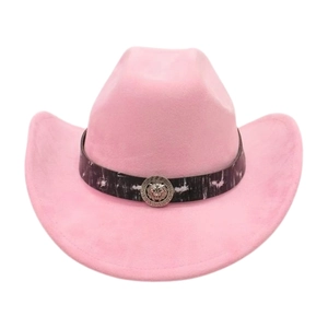 Detail of pink suede cowboy hat with vintage patterned band and silver lion head buckle