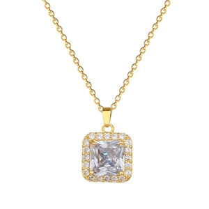 Elegant gold titanium necklace with a square cubic zirconia pendant and pavé stones
