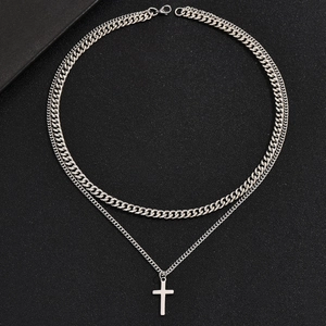 Hip hop silver double-layered Cuban chain necklace with a cross pendant for men and women