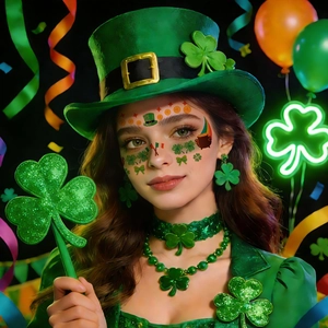 Saint Patrick's Day costume set with green clover hat and shamrock freckle face stickers