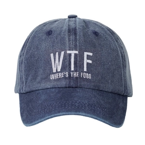 Navy blue washed cotton baseball cap featuring white WTF embroidery for sun protection