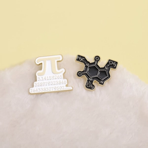 Math Pi and chemical caffeine molecule enamel pins set with gold metal plating