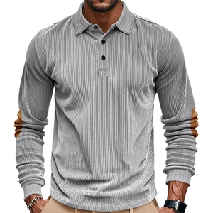 Men's retro grey corduroy long sleeve Polo shirt with brown elbow patches and casual fit