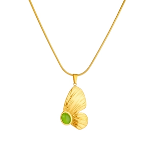 Vintage gold butterfly necklace with green cat-eye stone on thin snake chain