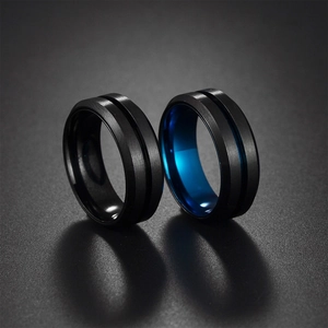 8mm black brushed spinner ring for men with blue vacuum plated stainless steel inner band