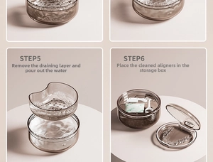 Detailed step-by-step view of multi-layer orthodontic retainer box with drainage basket