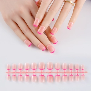 Detail of 24pcs nude pink and fuchsia French tip press-on nails with shiny finish