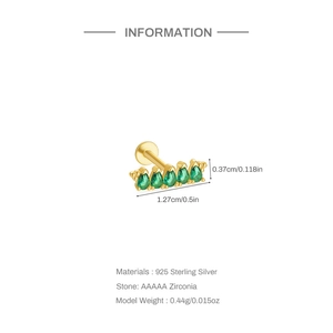 Macro detail of gold plated S925 silver stud featuring five marquee green zircons