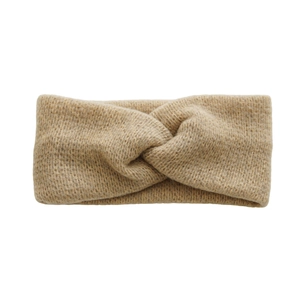 Winter knitted twist knot headband in warm khaki color with a thick textured crochet finish