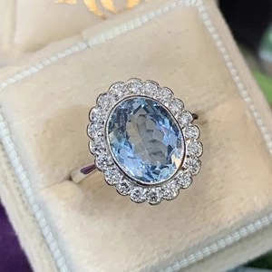 Elegant Oval Light Blue Zircon Copper Ring Floral Halo Design Vintage Style Jewelry For Women