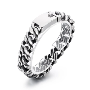 Polished silver stainless steel Cuban link bracelet with rectangle clasp for men
