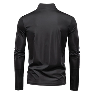 Back view of men's long sleeve sun protection shirt with athletic cut and stand collar