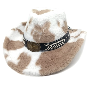 Western style cow print cowboy hat with vintage bronze star buckle and faux fur texture