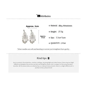 Detailed view of rhinestone tassel earrings with dimensions and material specifications