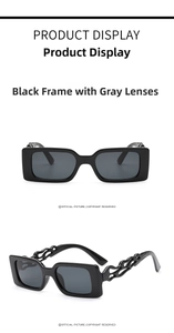 Detail view of stylish black rectangle sunglasses with unique hollow wavy flame temples