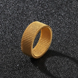 8mm golden mesh woven stainless steel ring with a wide geometric band design