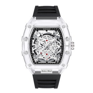 Macro detail of tonneau watch featuring transparent case and hollow mechanical movement