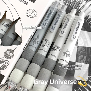 Close-up of 0.5mm retractable gel pens with metaverse space theme and soft grip