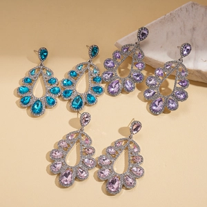 Three pairs of elegant hollow teardrop earrings with crystals in blue, purple, and pink