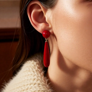 Close-up of a model wearing bright red teardrop dangle earrings with gold metal links