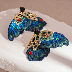 Boucles d'oreilles vintage brodées plumes de paon avec cristaux et dorure