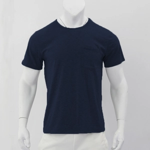 Detail of navy blue men's Henley shirt featuring a chest pocket and soft cotton texture
